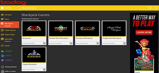Blackjack selection at the updated Bodog Casino